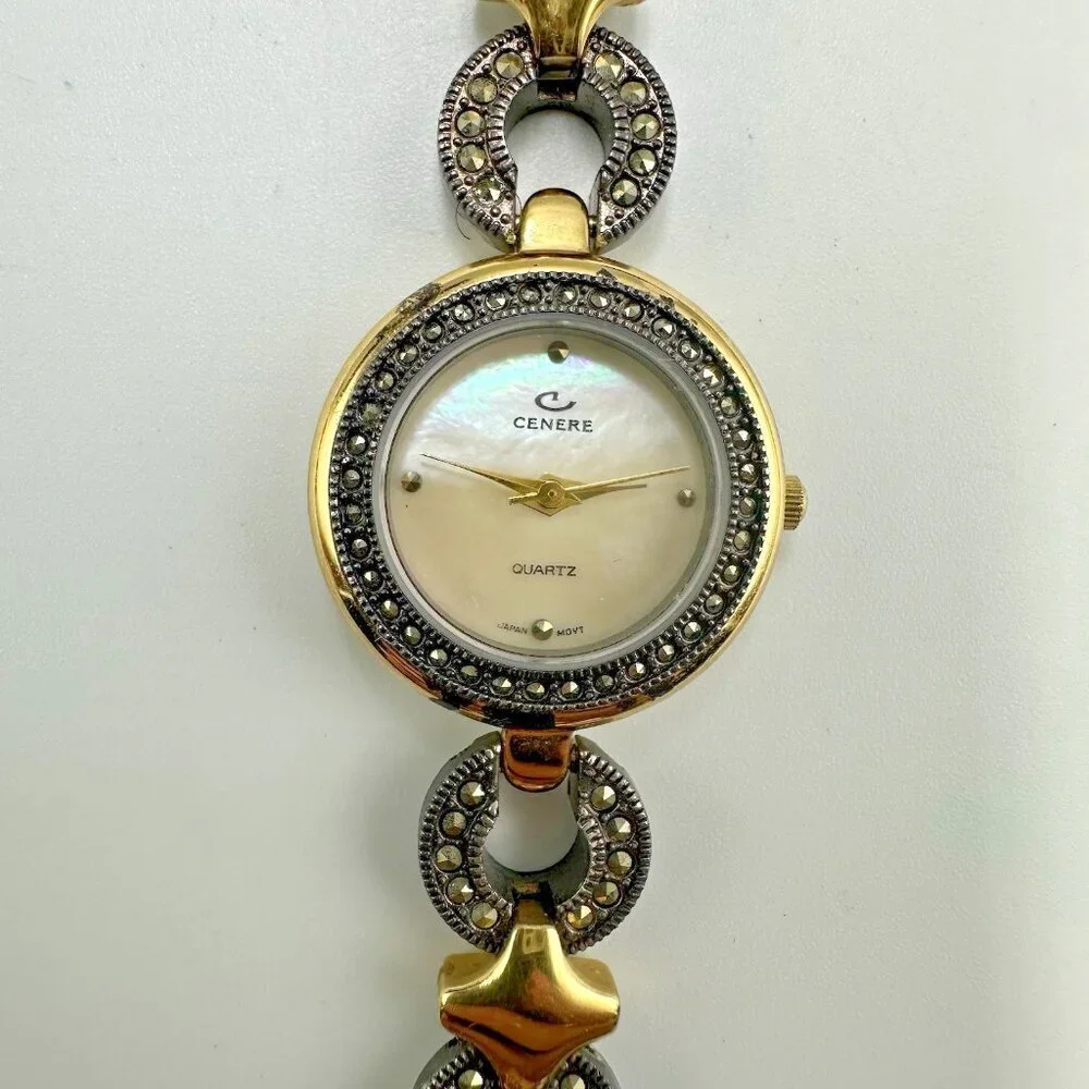 Cenere Watch Women Gunmetal Gold Two Tone Mother of Pearl Dial New Battery 5.75